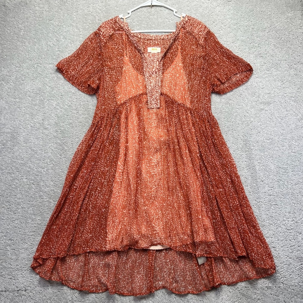 Maeve Anthropologie Babydoll Dress Womens Large Orange Animal Print Sheer Slip